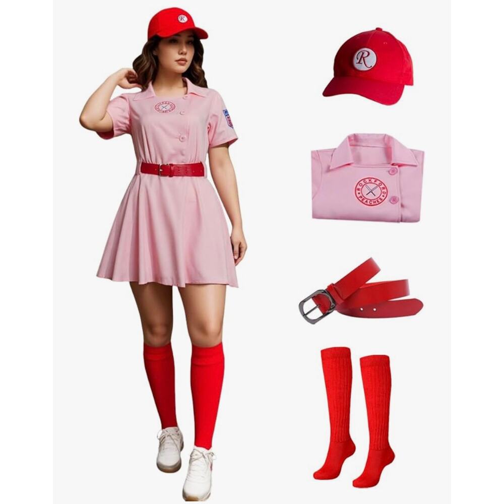Women’s Pink Short-Sleeve Dress with Red Accessories